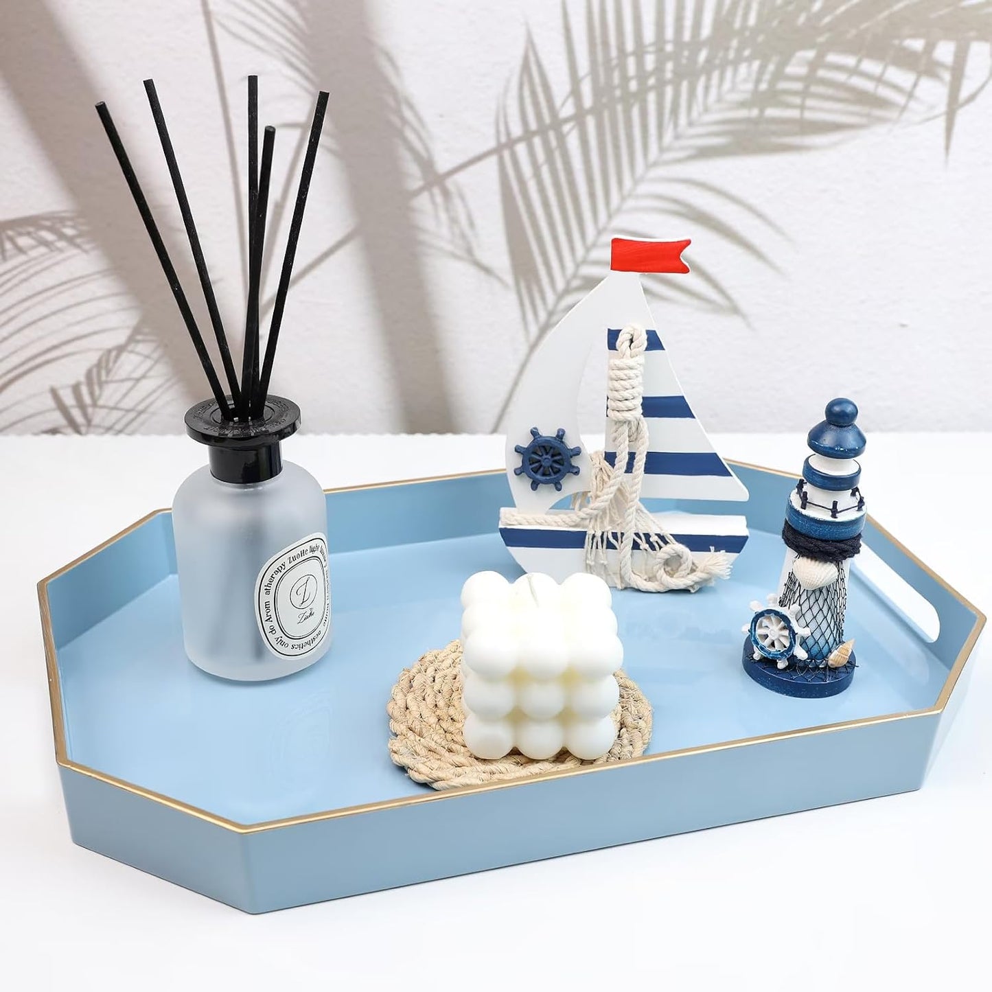 Spsyrine Blue Plastic Serving Tray for Ottoman, Coffee Table, Octagon Decorative Tray for Entertaining, Outdoor, Living Room, Home Decor