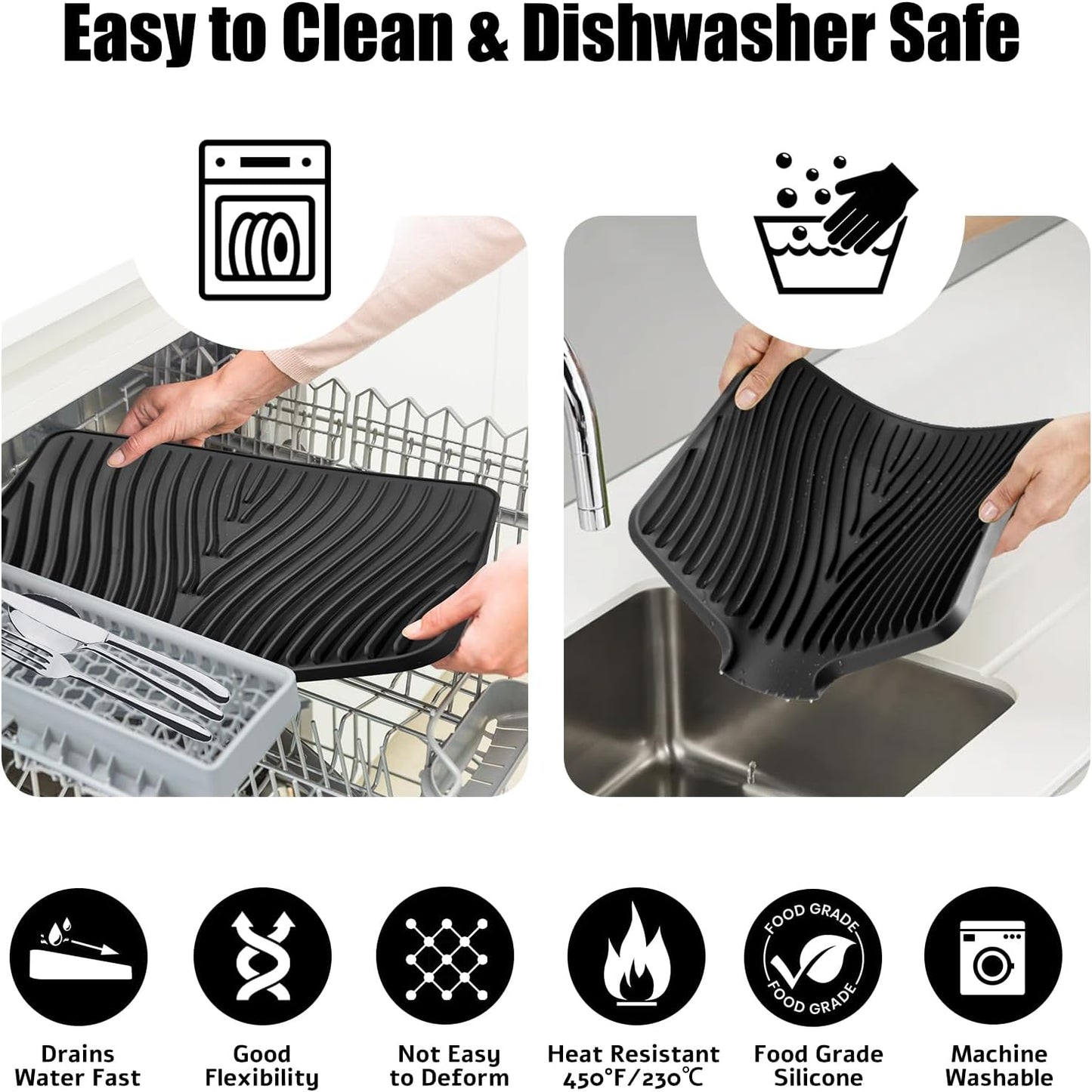 Dish Drying Mat, Stone Drying Mat for Kitchen Counter with Built-in Drain, Non-Slip Drying Matt Kitchen Counter, Heat Resistant Silicone Drying Mat, Dish Drying Pad, 2 Pcs (Black 19.7" x 17")