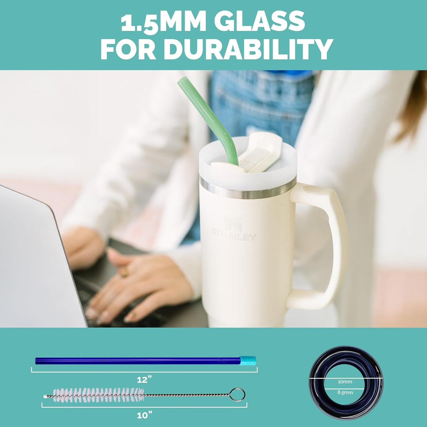 Simply Straws 12 Inch Glass Straws Straight (6-Pack) – Reusable Glass Straws for Stanley 40 Oz Tumbler, with Cleaning Brush – Durable, Dishwasher Safe, Hot & Cold Use, BPA-Free (Iridium)