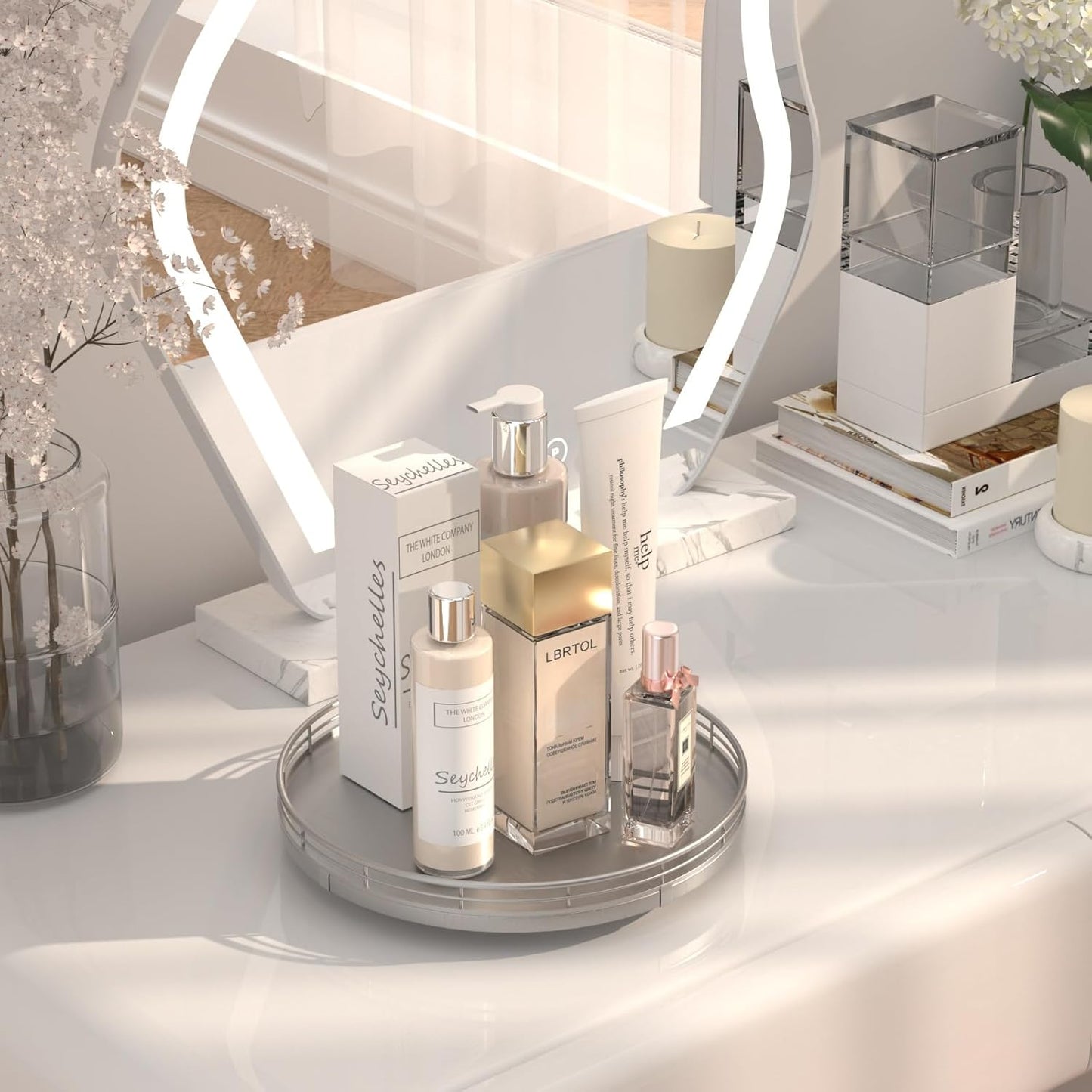 10" Silver Lazy Susan for Table Top, Oak Wood Lazy Susan Turntable Organizer for Dining Coffee Table Centerpiece Bar Decor Kitchen Countertop Bathroom Vanity Decorative Tray for Perfume Jewelry Round