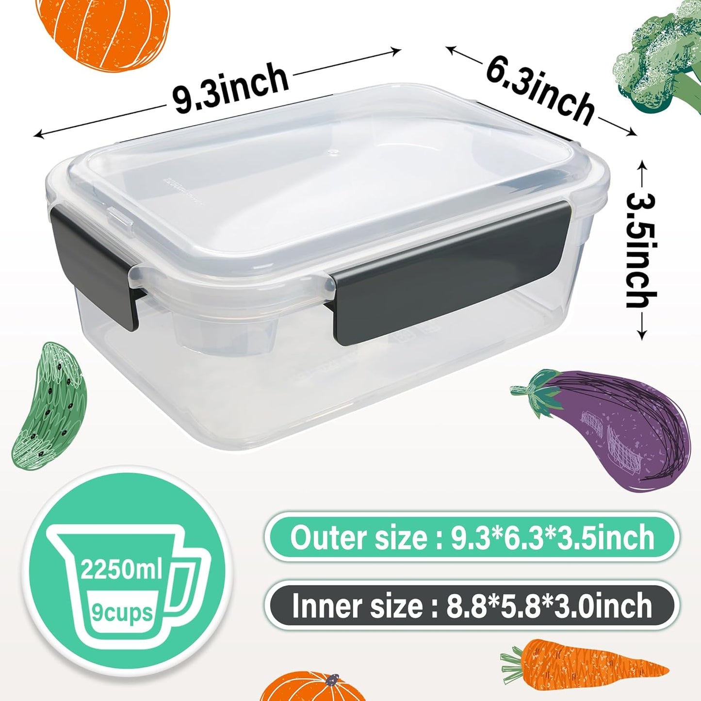 YORY 9 cup Plastic Food Storage Containers with Lids Nestable Freezer Dishwasher Safe Rectangle Meal Prep Container Set,5-Pack