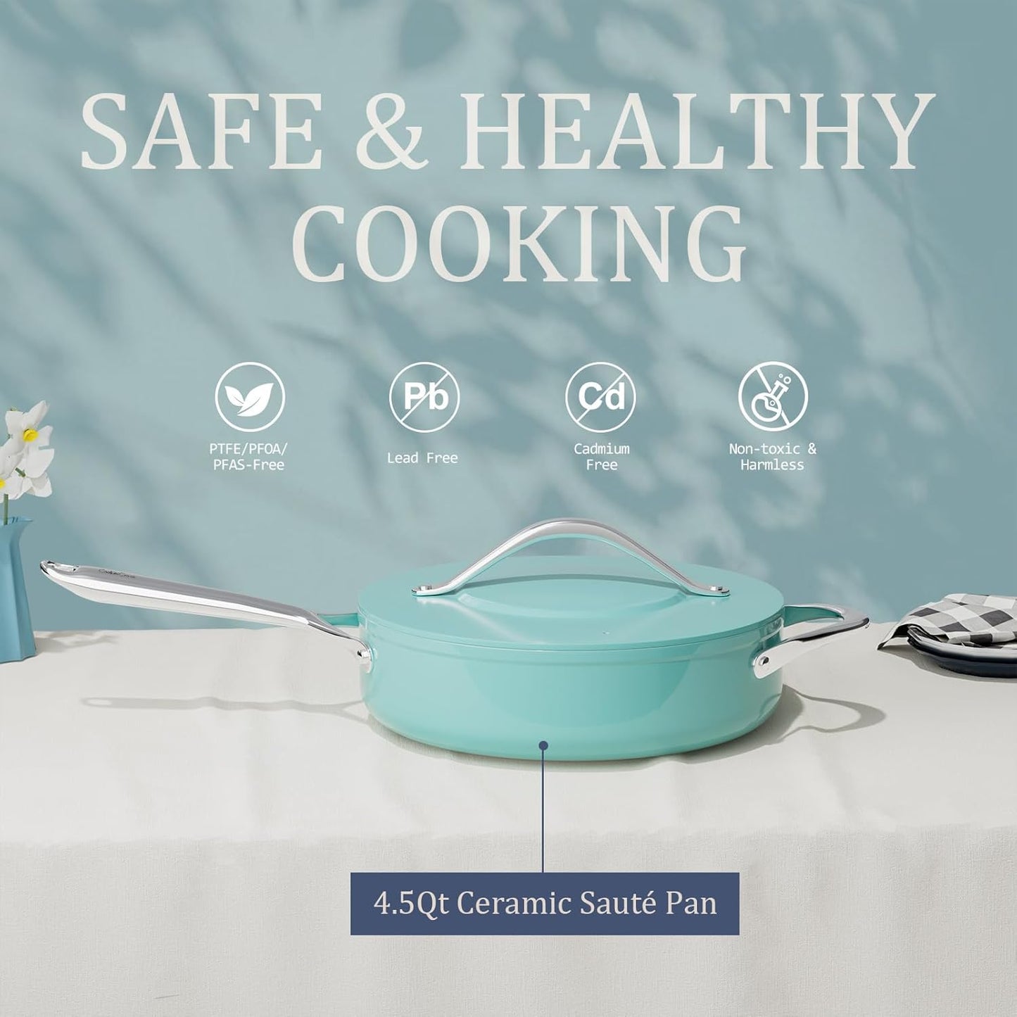 Nonstick Ceramic Sauté Pan with Lid (4.5 qt, 11"), Deep Frying Pan for All Cooktops - Non Toxic, PTFE/PFAS Free, Dishwasher & Oven Safe up to 500°F - with Stay Cool Handle - Caribbean Blue