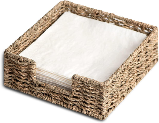 StorageWorks Seagrass Napkin Holder for Table, Wicker Napkin Baskets for Bathroom, Rustic Napkin Dispenser for Dinning Room, Guset Room, 7 ½"L x 7 ½"W x 2 ¾"H, 1 Pack