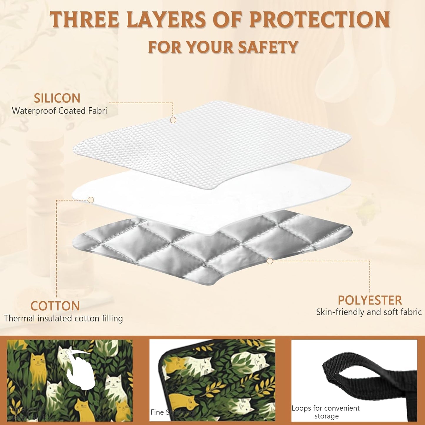 Cute Cats and Green Plants Pot Holder Set of 2,Kitchen Heat Resistant Potholder for Women Men BBQ Cooking Baking