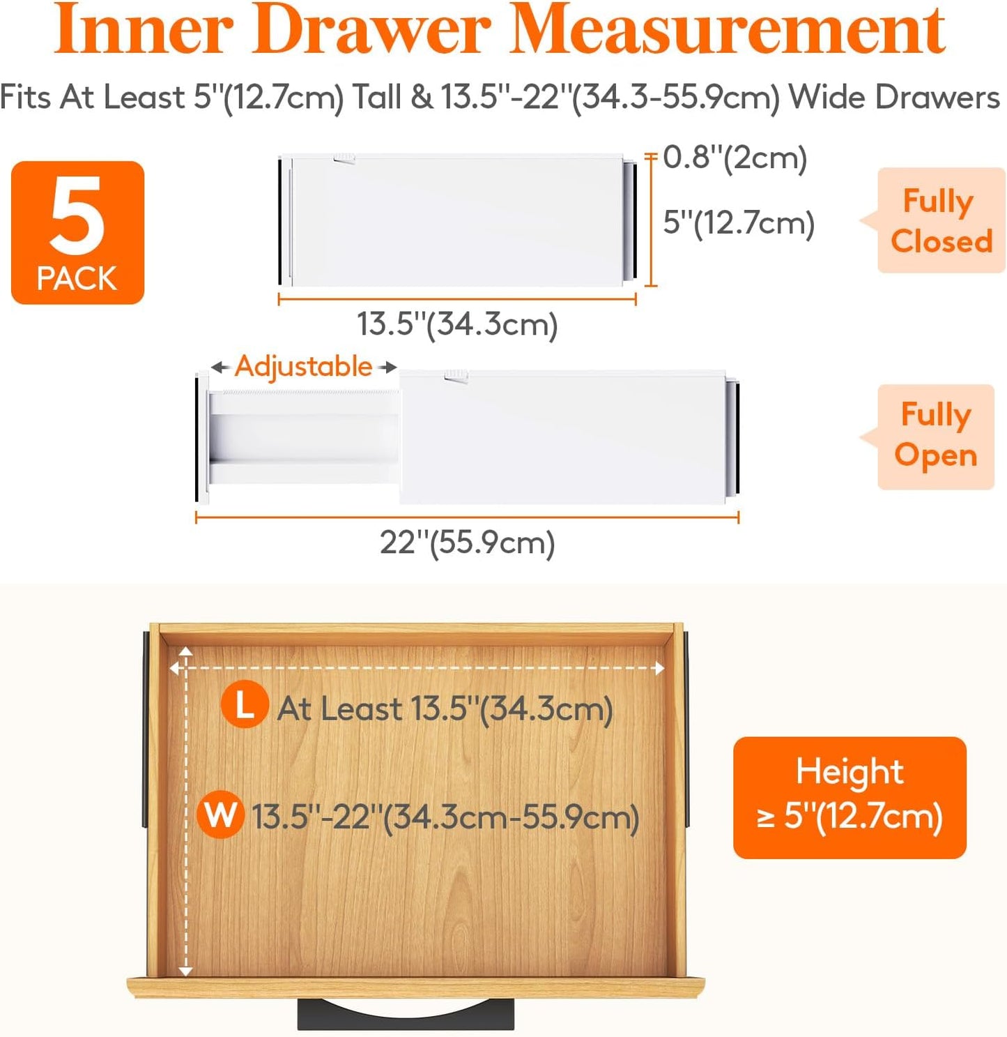 Lifewit 5 Pack Drawer Dividers 5" High, 13.5-22" Adjustable Clothes Organizers, Expandable Dresser Separators in Bedroom/Bathroom/Kitchen/Office