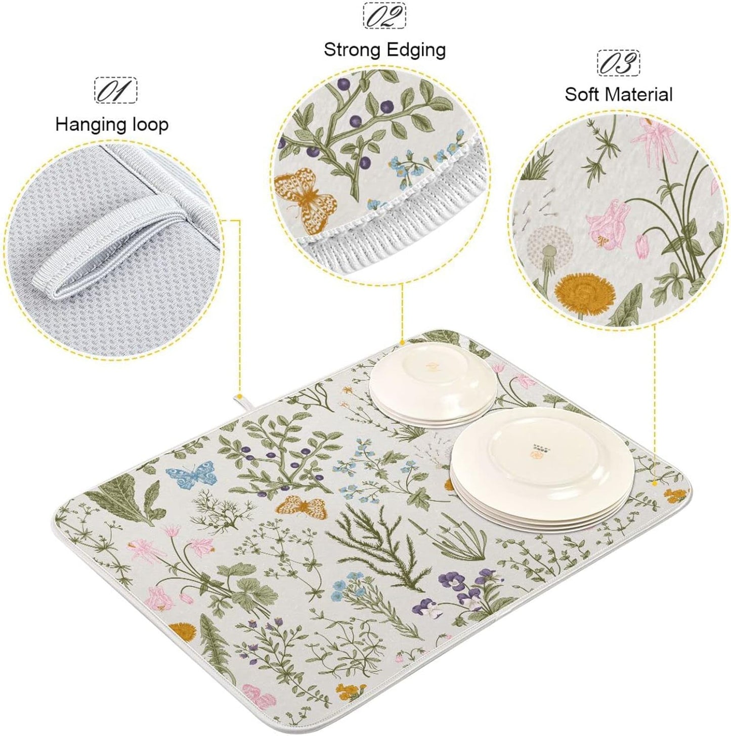 Herbs Flowers Botanical Butterfly Dish Drying Mat for Kitchen Counter Absorbent Microfiber Drying Pad, Medium 16x18 in, Reversible Drainer Mats