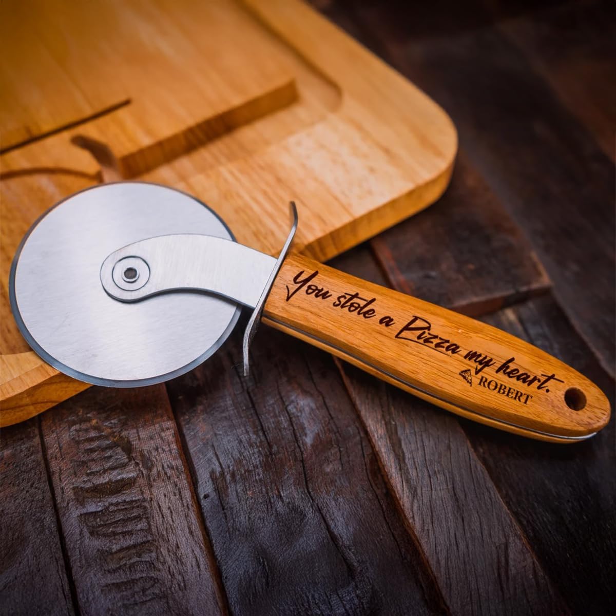 Pizza Cutter Wheel with Sharp Blade - Gifts for Men, Women, Gift for Husband, Birthday & Christmas Gift - Wooden Pizza Wheel Cutter (You Stole A Pizza My Heart)