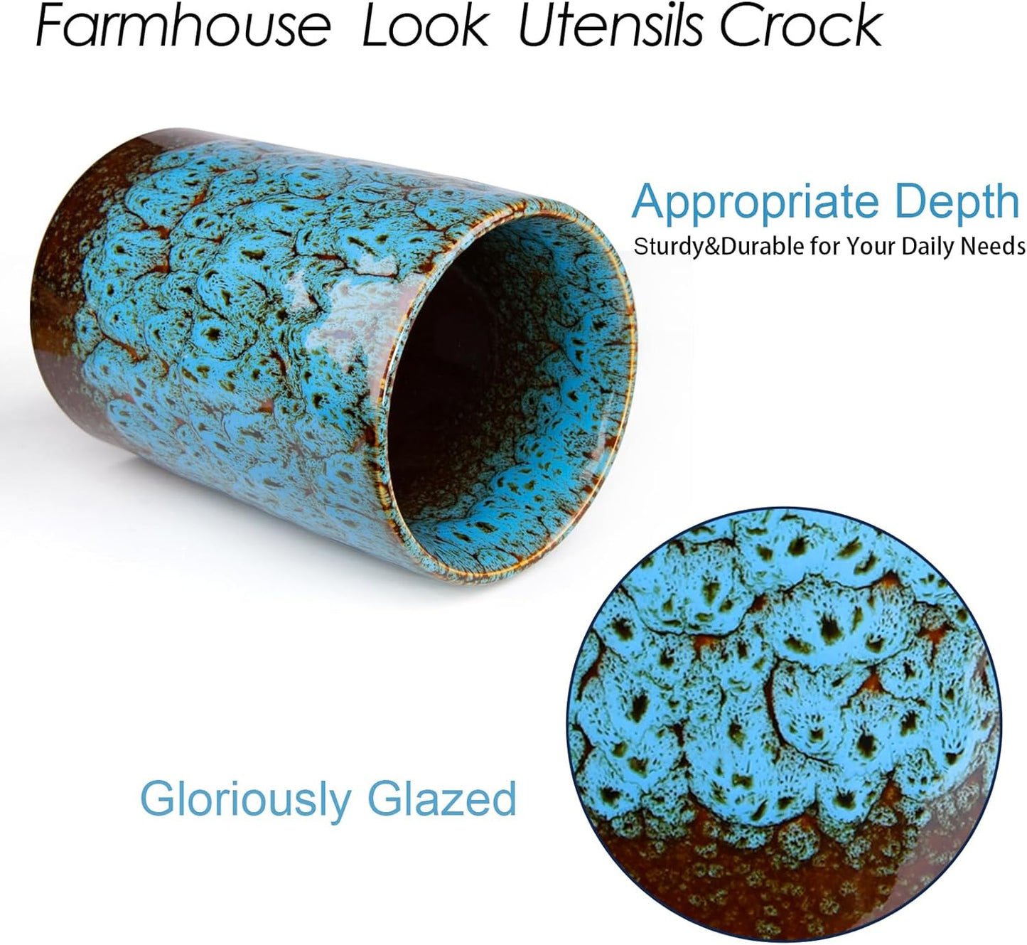 Utensil Holder, Ceramic Kitchen Utensil Holder for Countertop, Large Cooking Utensil Crocks for Kitchen Counter, Morden Utensil Organizer for Spatula, kitchen Decor,Blue