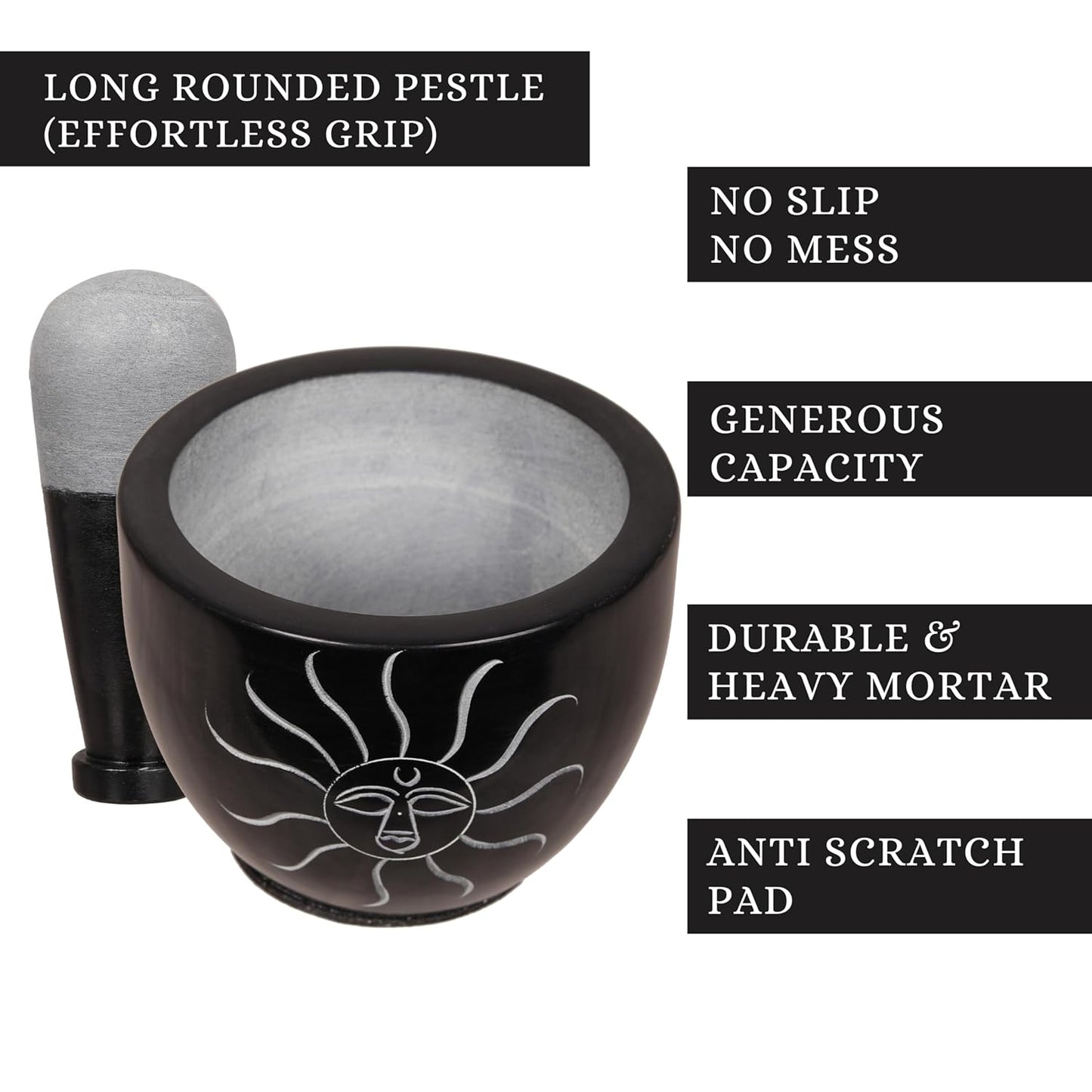 Mortar and Pestle, Made of Heavy Duty Polished Hard Stone, Natural Stone Grinder for Spices, Pastes, Herbs, Seasoning etc. (Sunlight)