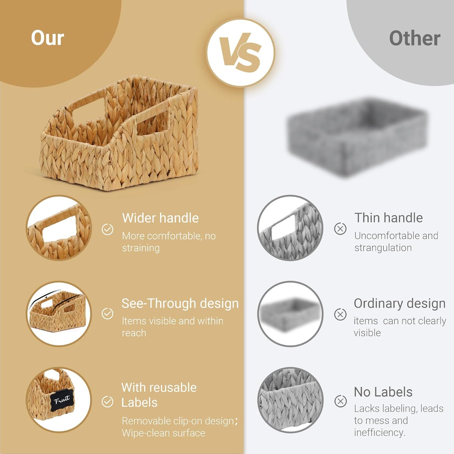 Wicker Baskets for Organizing,Pantry Baskets with Built-in Handles, Handwoven Wicker Storage Basket, Water Hyacinth Storage Bins for Shelves, 3 Pack, Natural 2 Set