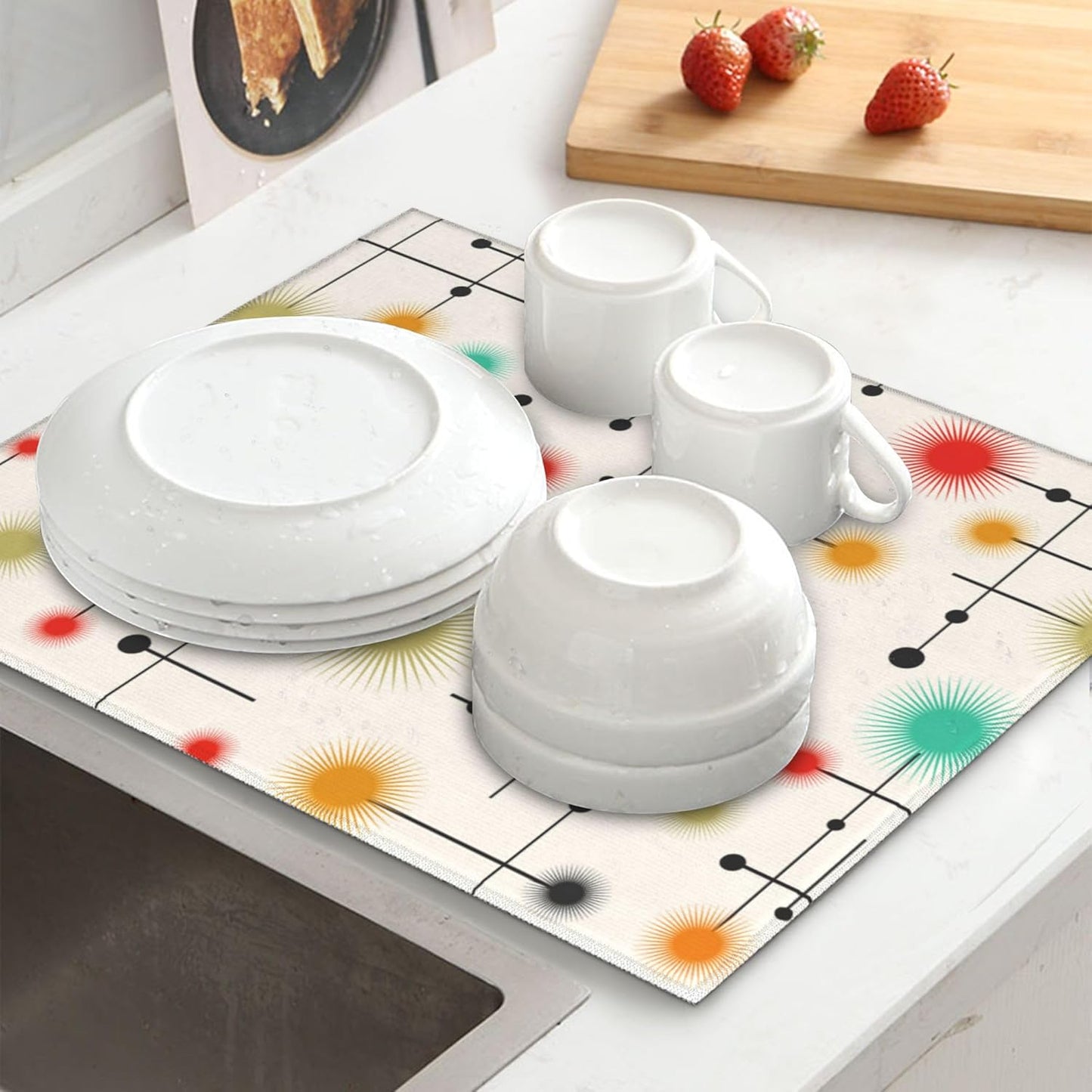 Mid Century Modern Dish Drying Mat for Kitchen Counter Yellow Washable Absorbent Reversible Microfiber Retro Drying Pad Kitchen Accessories 16x18 Inch