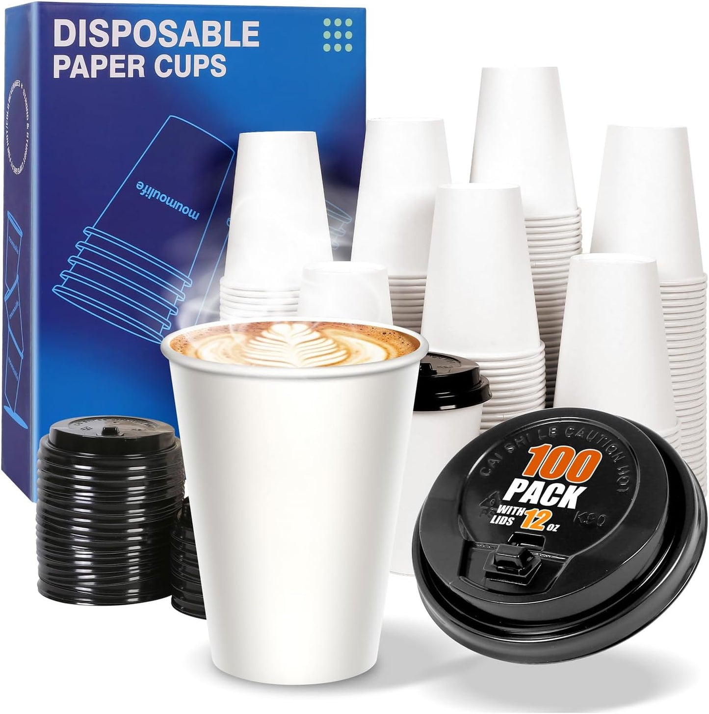 Disposable Coffee Cups with Lids 12 oz (100 Pack), White To Go Paper Coffee Cups for Hot & Cold Beverages, Suitable for Party, Picnic, Travel, and Events