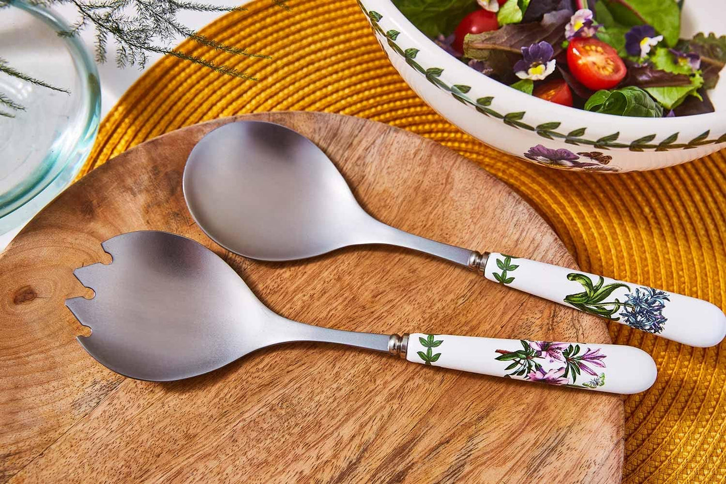 Portmeirion Botanic Garden 10" Salad Server (2-Piece) - Stainless Steel Blade with Porcelain Handle, Chip-Resistant Glaze, Floral Motif - Durable Tableware for Salad, Appetizers, Desserts