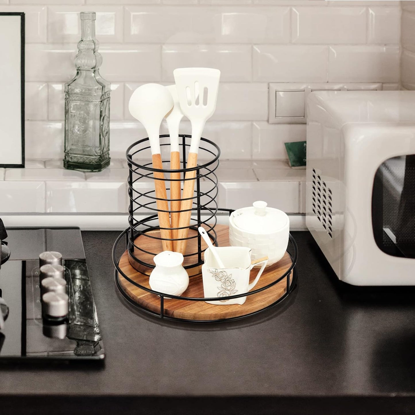 10" Acacia Wood Lazy Susan Turntable, Tomoaza Kitchen Organizer Turntable with Steel Sides, 360 Degree Lazy Susan for Countertop Cabinet or Dining Table (Black)