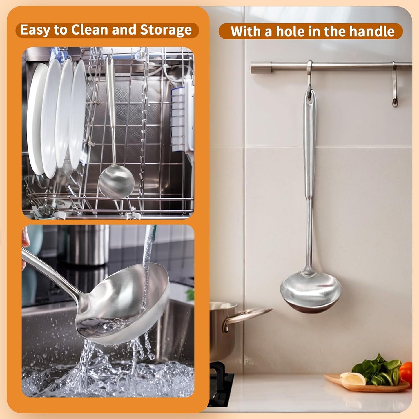 Deep Stainless Steel 13.7 Inches Newness Soup Ladle,[Rustproof, Heat Resistance, Integral Forming]Resilient 304 Stainless Steel Soup Spoon with Vacuum Ergonomic Round Handle, Cooking Spoon for Kitchen