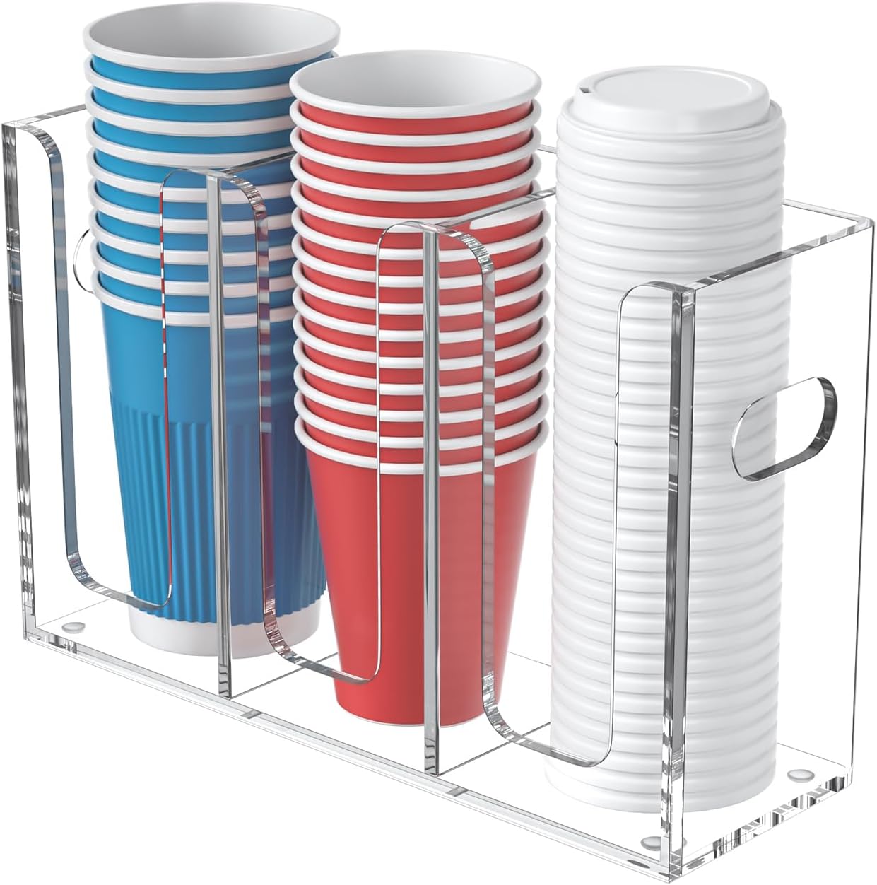 WINFFOR Disposable Cup Organizer Dispenser - 3 Compartments Clear Acrylic Cup and Lid Holder with Handles Plastic Cup Dispenser Countertop Paper Cup Holder for Coffee Bar House Party Essentials