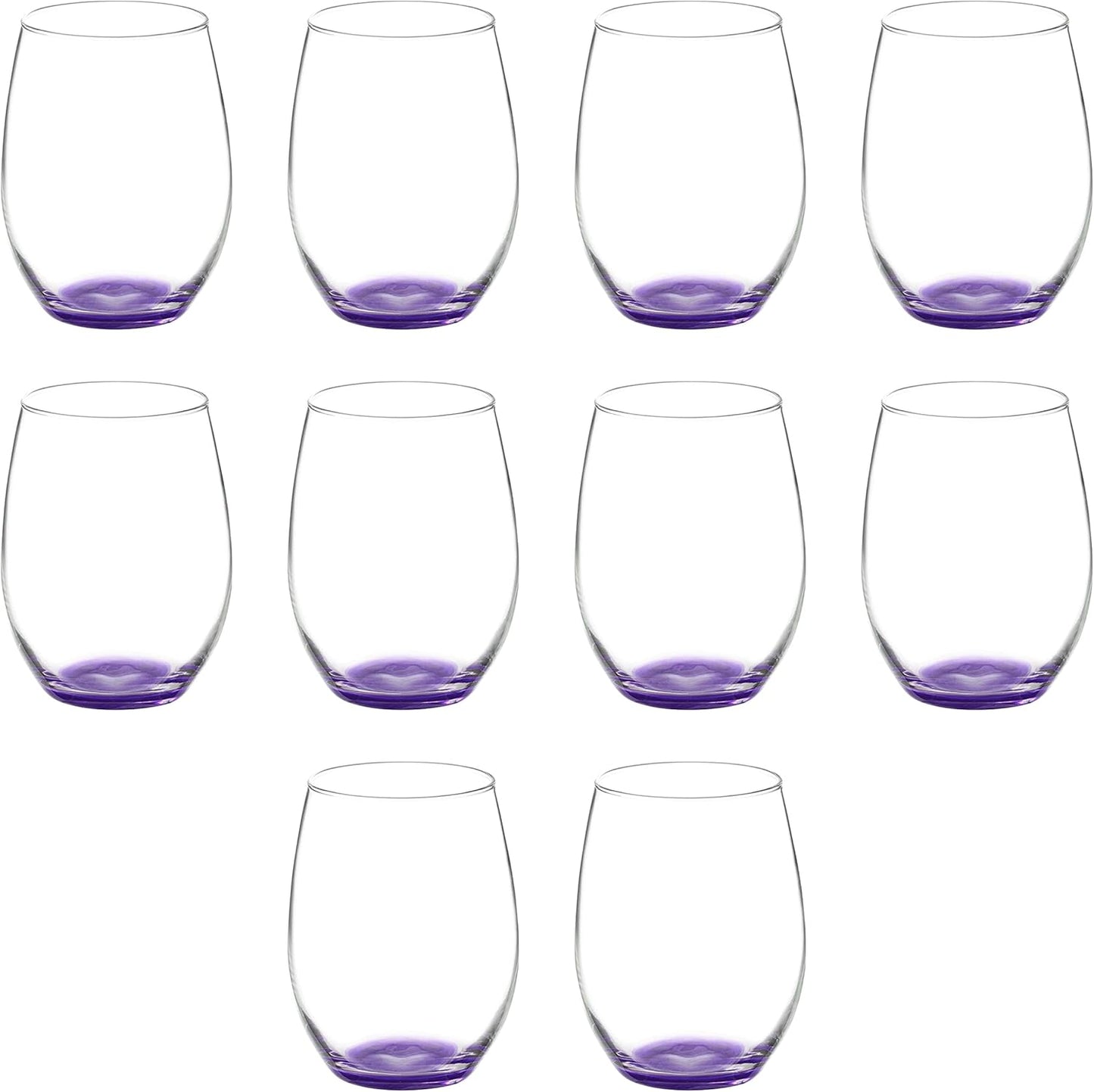 DISCOUNT PROMOS 10 ARC Stemless Wine Glasses Set, 21 oz. - Chardonnay, Cabernet, Merlot, Sauvignon - Purple