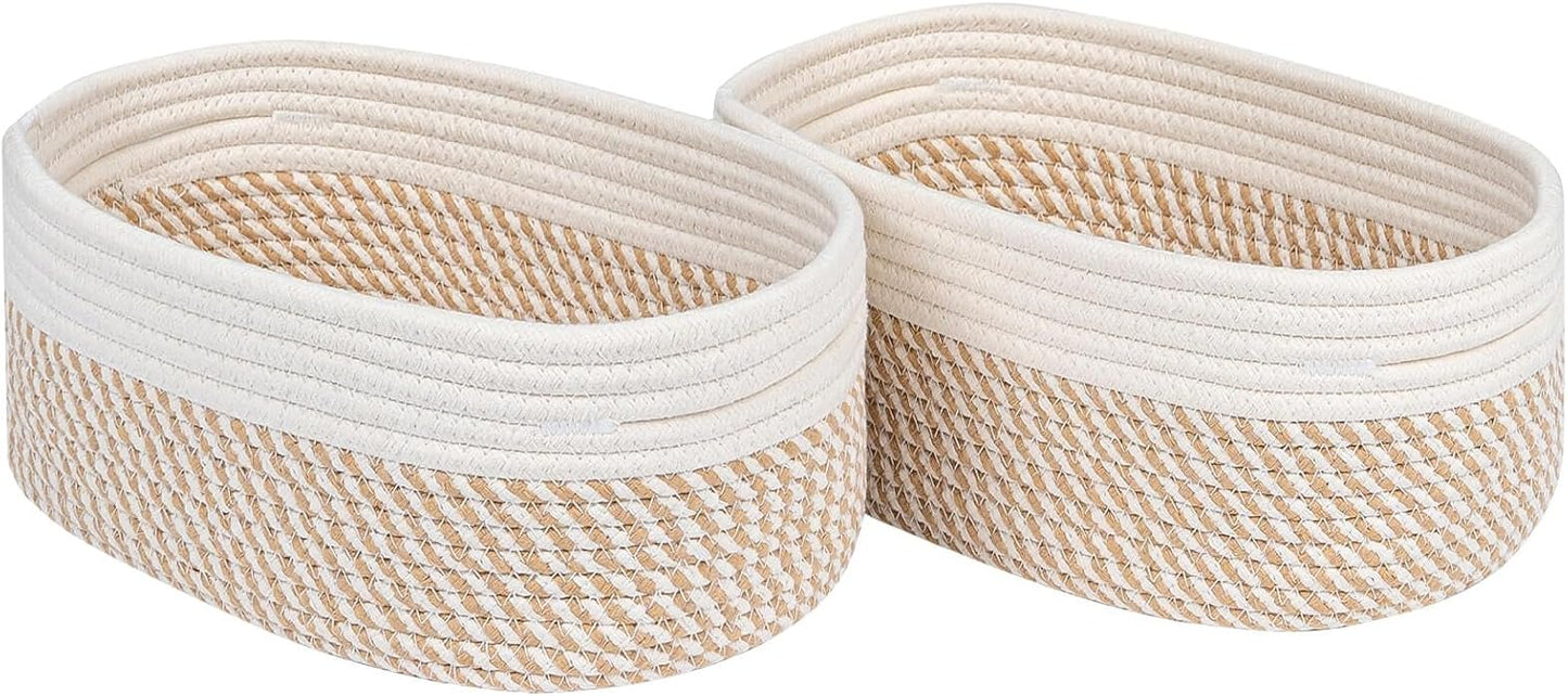 CubesLand Small Storage Baskets for Shelves, Closet Organization Bins Empty Gift Basket 2 Packs Baby Nursery Woven Organizing, Rectangular Clothes Shelves Off White/Mixed Camel