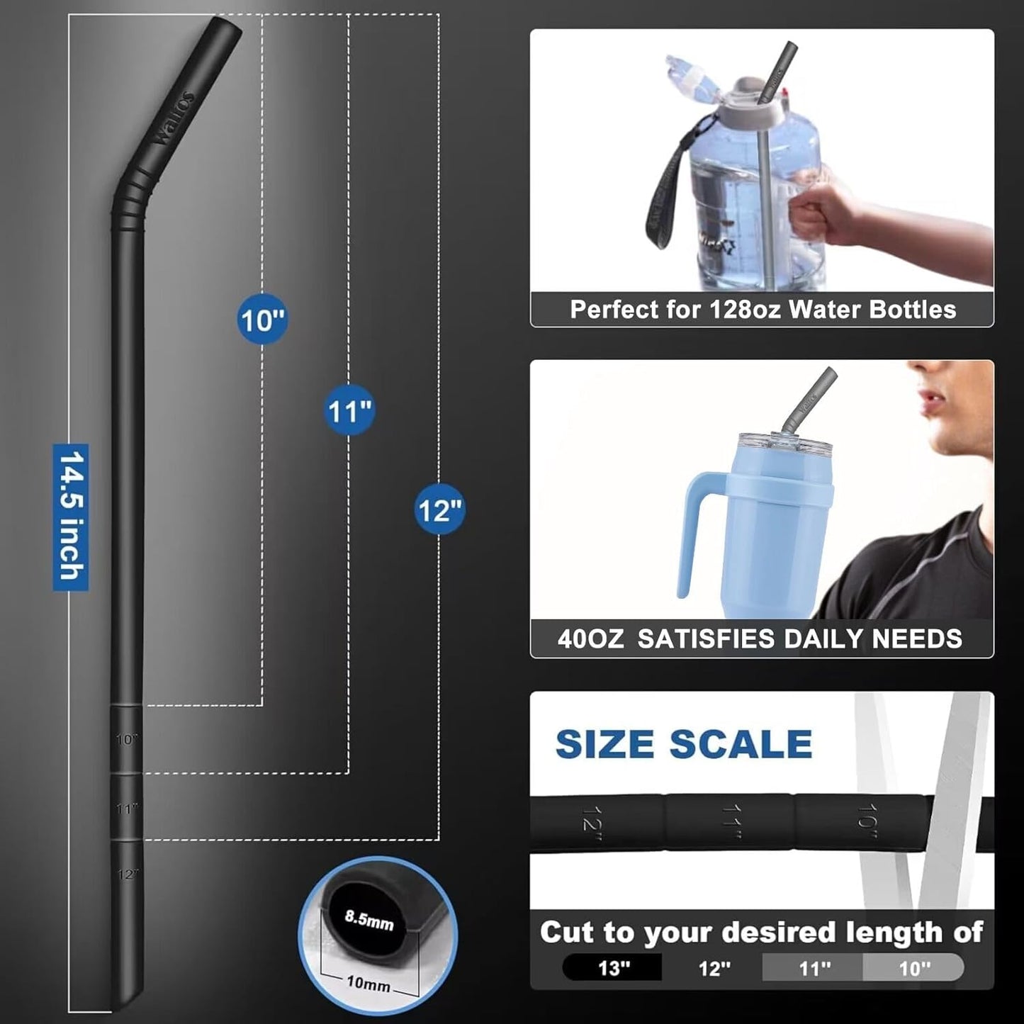 WALFOS Extra Long Reusable Silicone Straws 14.5 inch, Big Sizes Flexible Bendy Straws for 1/Half Gallon Large Water Bottles, 128 75 64 40 OZ Tumbler with Cleaning Brush (6-Pack)