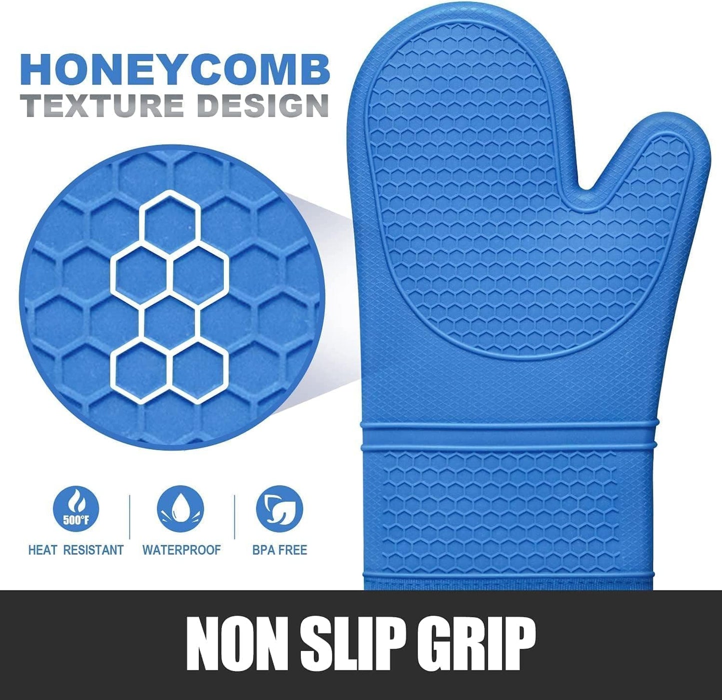 Rorecay 6pcs Oven Mitts and Pot Holders Sets for Kitchen, Extra Long Non-Slip Silicone Oven Gloves Heat Resistant 500 Degrees Potholders Hot Pads for Baking Cooking, Quilted Liner, Lake Blue