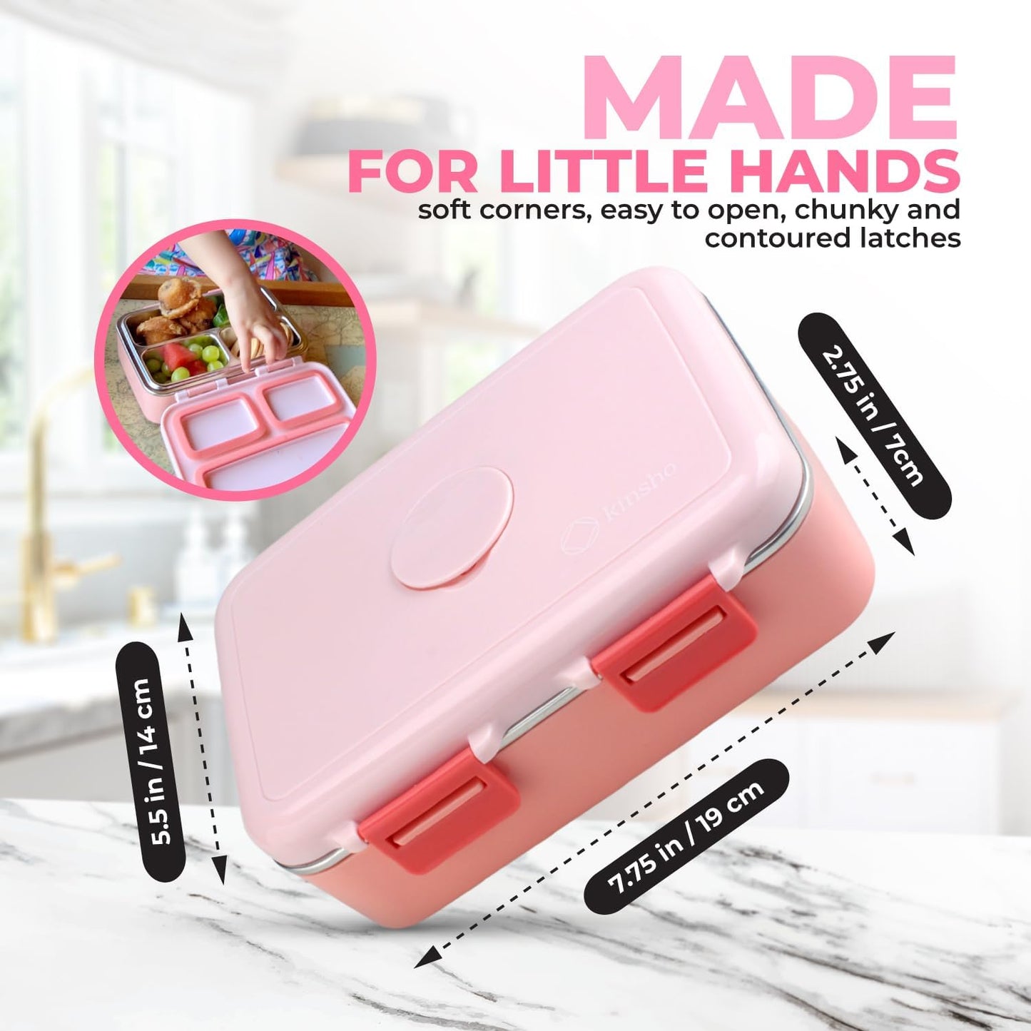 Stainless Steel Lunch Box for Baby Toddlers Girls, Mini Bento, 3 Eco Metal Portion Sections Leakproof Lid, Pre-School Daycare Lunches, Toddler Kids Spill-Proof Snack Container, 18 oz/550 mL Pink