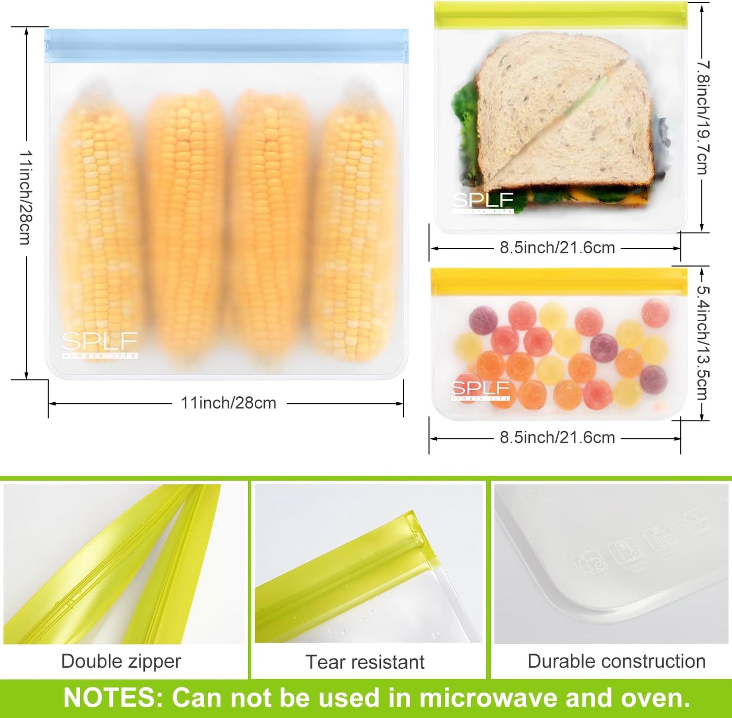 SPLF 9 Pack Reusable Gallon Freezer Bags Dishwasher Safe, BPA Free 1 gallon Leakproof Silicone and Plastic Free Food Storage Bags for Meal Prep, Fruits, Sandwich, Snack, Travel Items - Muticolor