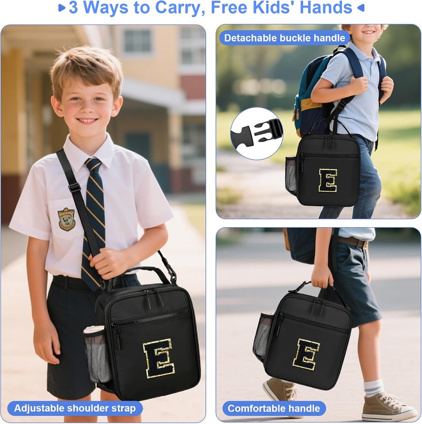 Initial Insulated Lunch Bag for Boys Kids, Back to School Gift, Reusable Leak-proof Lunch Box with Adjustable Strap for School Daycare Travel Picnic（Black，E）