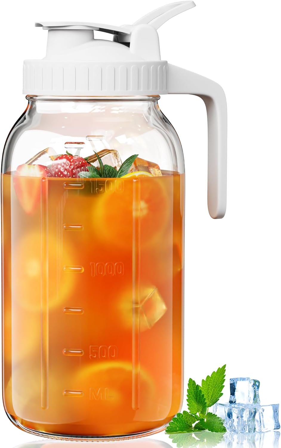 64oz Glass Pitcher, 2 Quart Mason Jar Pitcher with Lid and Spout | Wide Mouth | Airtight | Leakproof | Glass Water Jug for Juice, Sun Iced Tea, Cold Brew Coffee, Milk Storage, White