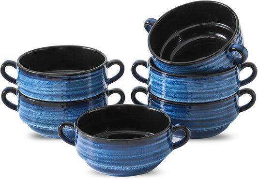 Hasense Soup Bowls, 20 oz French Onion Soup Bowls with Handle Set of 6, Serving Soup Crock for Stew, Pasta, Chili, Stackable Oven Safe Bowls, Microwave Dishwasher Safe, Blue