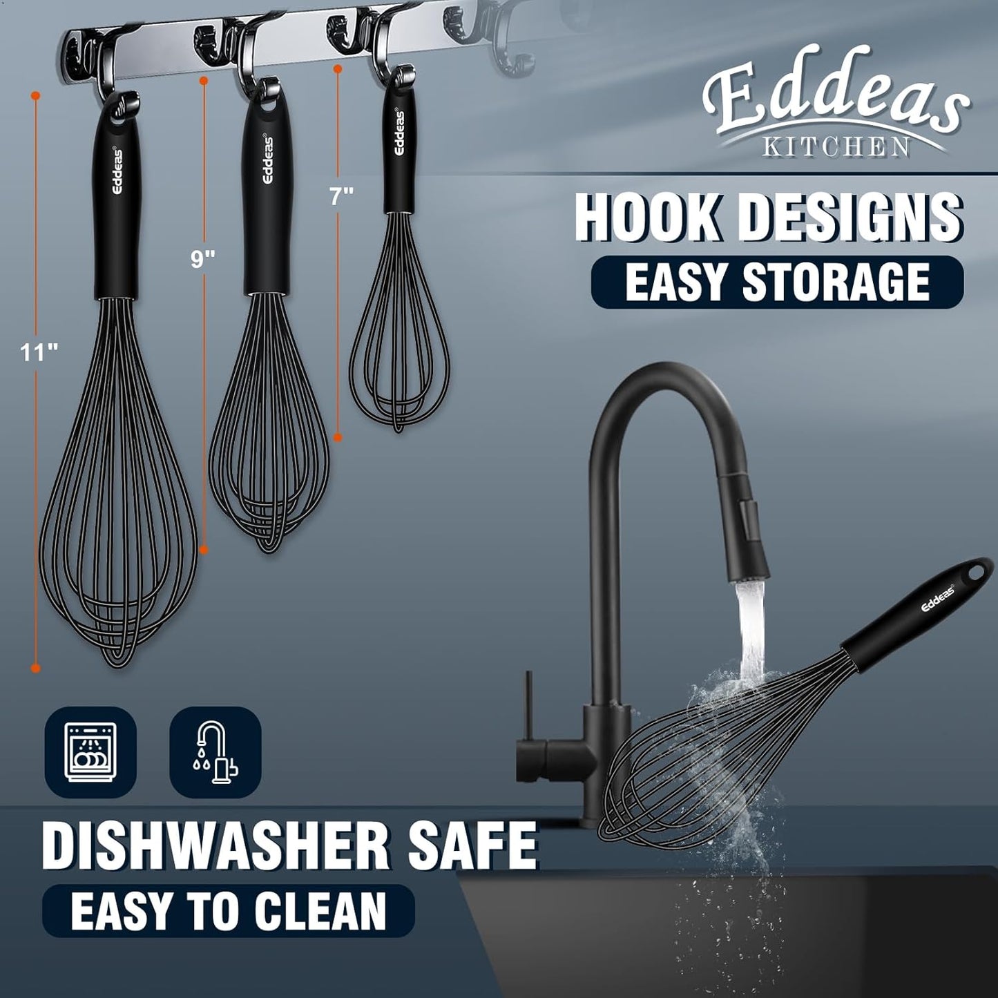 Whisks For Cooking - 500 °F Heat Resistant Silicone Whisk, Heavy Duty 7",9"&11inch Non-Scratch Balloon Kitchen Wisk tool Set, for cooking Wisking, Blending, Beating, Stirring, 3 Piece Black