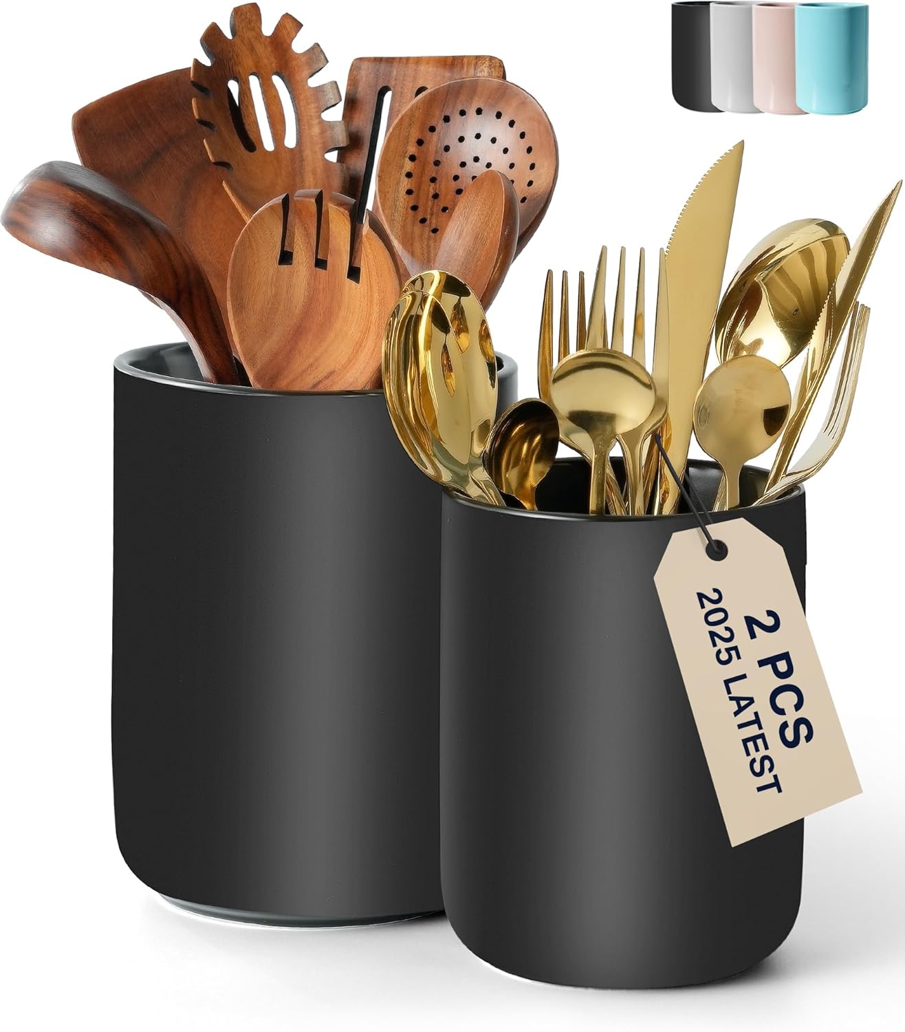 Set of 2 Utensil Holder, 7"+5" Ceramic Kitchen Utensil Holder for Countertop, Large Cooking Utensil Crocks for Counter, Morden Utensil Organizer for Spatula, Kitchen Decor (Black)