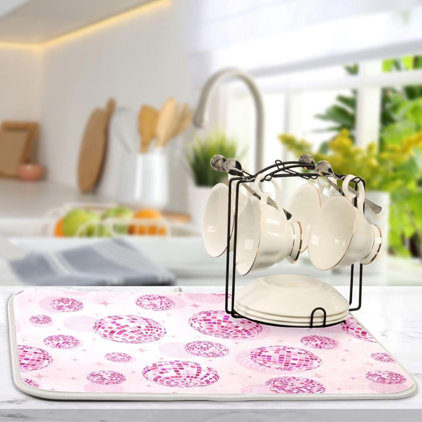 Disco Balls Pink Dish Drying Mat for Kitchen Counter Absorbent Microfiber Drying Pad, Large 18x24 in, Reversible Drainer Mats