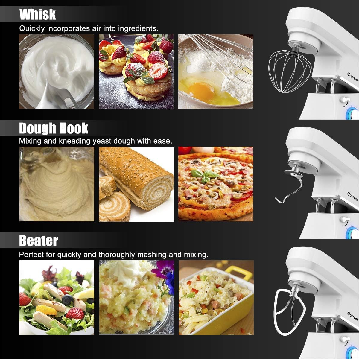 COSTWAY Stand Mixer, 6-Speed 7.5 QT Tilt-head Electric Kitchen Food Mixer 660W with Stainless Steel Bowl, Dough Hook, Beater, Whisk