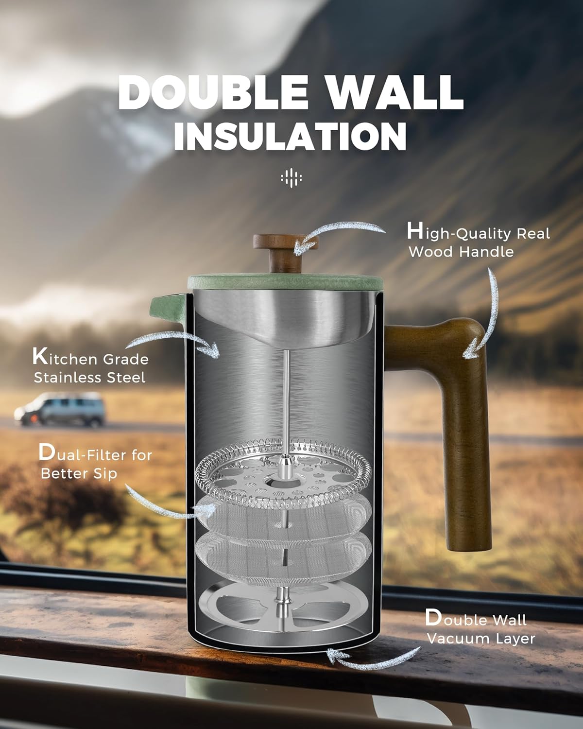 POLIVIAR French Press Coffee Maker, 34 oz Coffee Press with Real Wood Handle, Double Wall Insulation & Dual-Filter Screen, Food Grade Stainless Steel for Good Coffee and Tea JX2023-FPLN