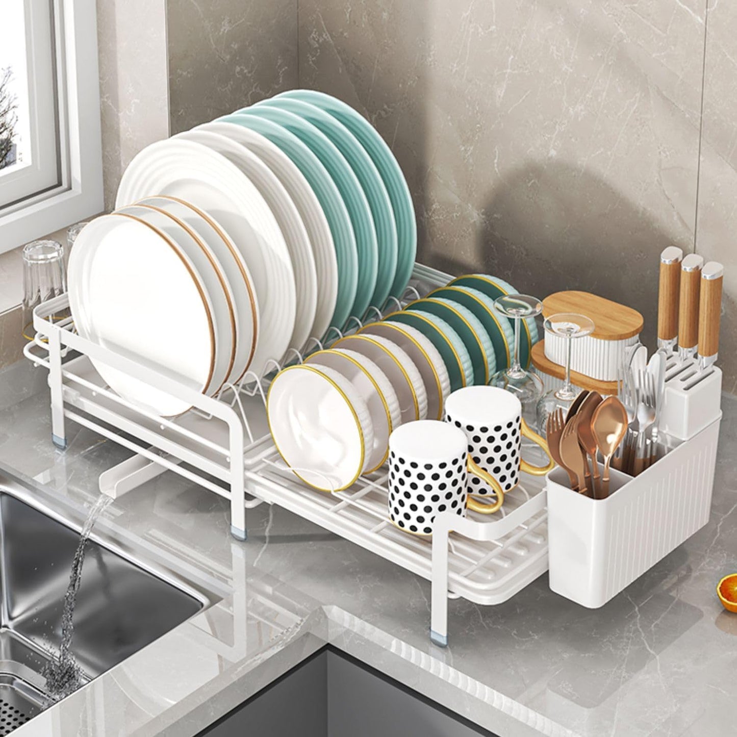 Dish Drying Rack, Dish Racks for Kitchen Counter, Over The Sink Dish Drying Rack, Expandable Dish Drainers with Drain Board Cup Holder and Utensil Holder, Kitchen Organizers and Storage