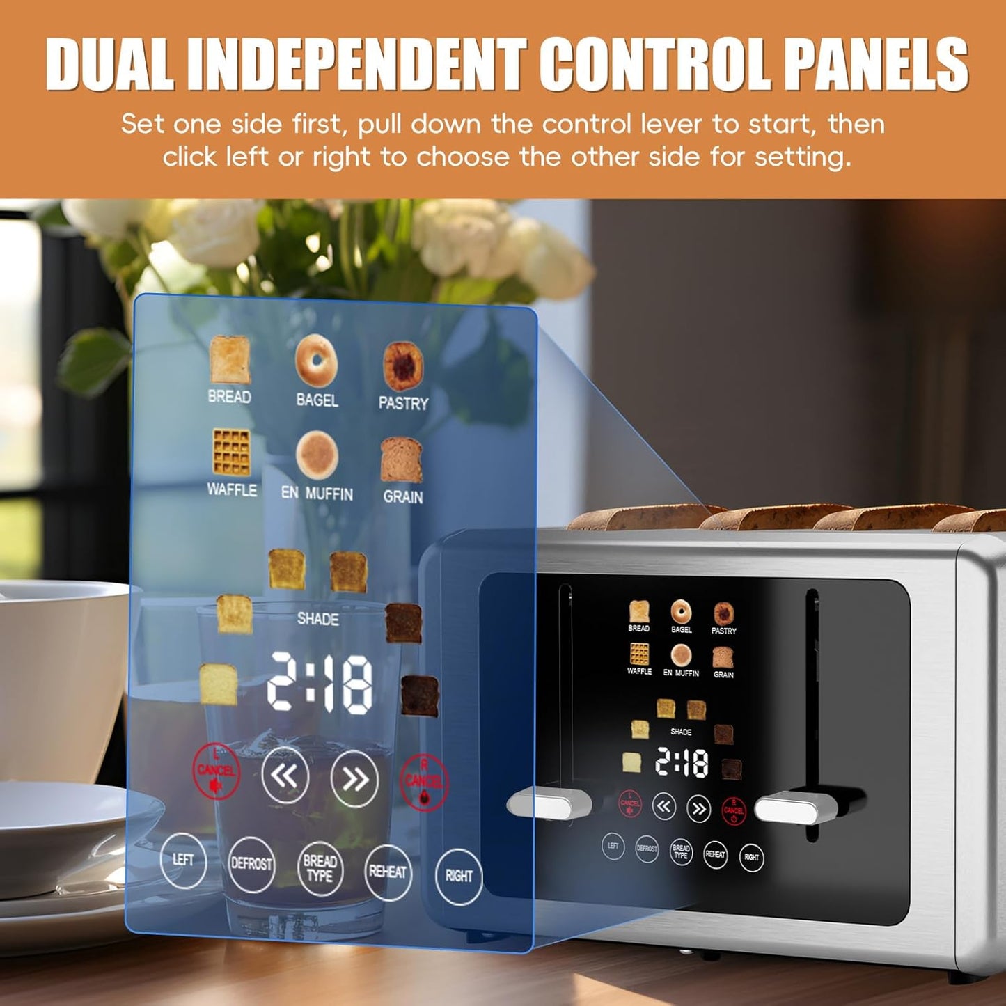 whall 4 Slice Touch Screen Toaster, Stainless Steel Toasters Digital Timer, Dual Control Panel Toasters，6 Shade Settings＆6 Bread Types, Smart Wide Slots, Bagel, Cancel, Defrost,White