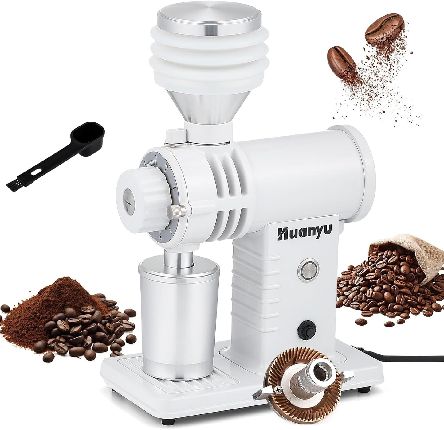 Huanyu Espresso Grinder with Titanium Flat Burr Electric Coffee Grinder with Hopper Bellows 10 Precise Grind Setting Coffee Grinders for Home Use White