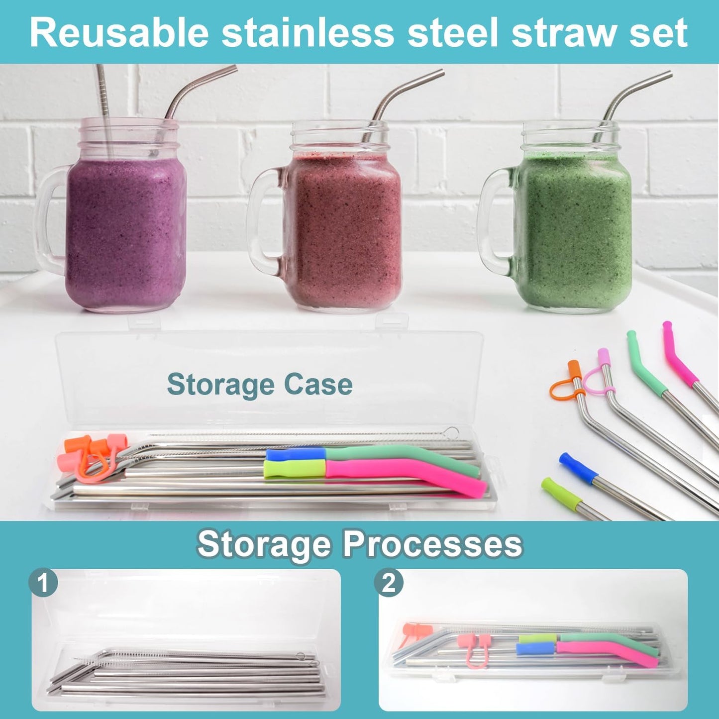 Reusable Stainless Steel Straws Set 6 PCS with 6 Silicone Tips, 2 Straw Brush, 1 Storage Case, Different Sizes of Metal Straws Reusable, Suitable for 14, 20, 30 oz Cups Tumbler，for Hot/Cold Drinks