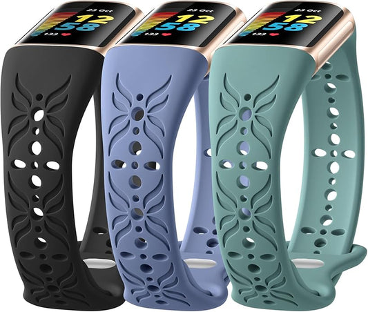 Maledan Slim Engraved Band Compatible for Fitbit Charge 6/Charge 5 Bands Women Men, Elegant Hollow-out Pattern Bracelet Strap Loops Wristbands for Fitbit Charge 5/Charge 6 Fitness Tracker Accessories