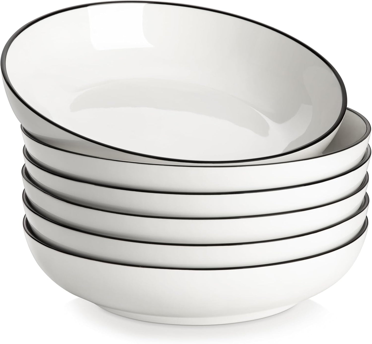 MALACASA 8.85" Large Pasta Bowls, 42 OZ White Salad Bowls Soup Bowls, Porcelain Serving Bowls Set of 6, Ivory White with Black Rim, Microwave & Dishwasher Safe, Series REGULAR