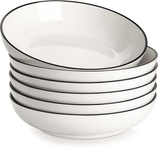 MALACASA 8.85" Large Pasta Bowls, 42 OZ White Salad Bowls Soup Bowls, Porcelain Serving Bowls Set of 6, Ivory White with Black Rim, Microwave & Dishwasher Safe, Series REGULAR