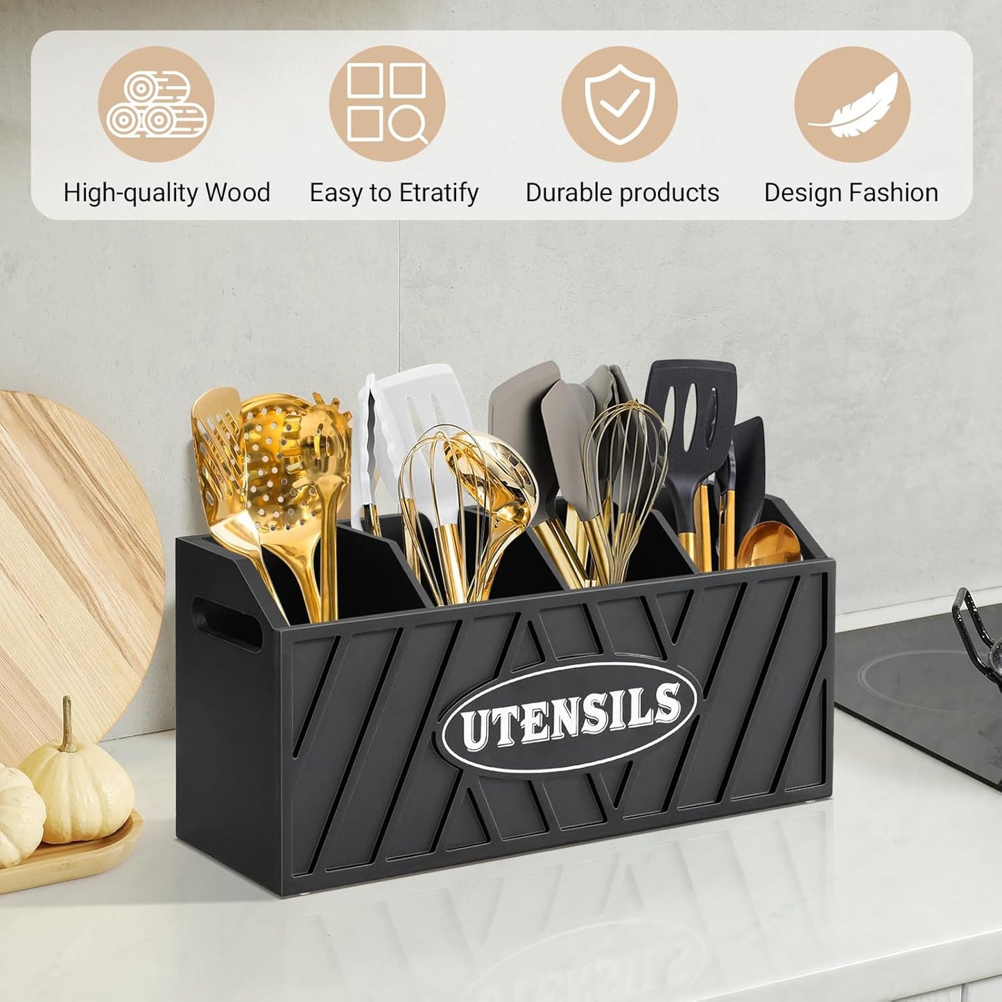 Large Wooden Utensil Holder, Black, 4 Compartments, Countertop or Wall Mount, Kitchen Gadget Organizer