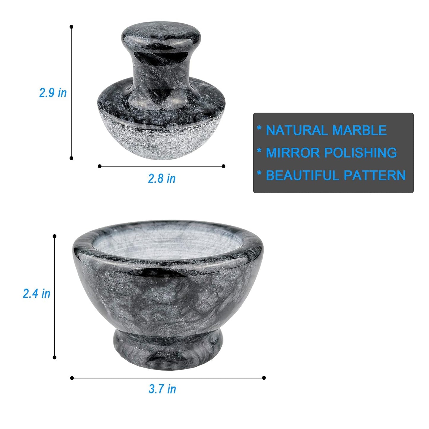 Marble Mortar and Pestle Set, Pill Crusher and Spice Stone Grinder, 3.7 Inch, 1/2 Cup, Grinding is Efficient and Labor-Saving (Black)