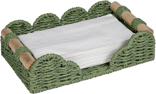 CubesLand Scalloped Napkin Holder for Bathroom Decor, Paper Rope Flat Napkin Dispenser Guest Towel Tray for Bathroom, Farmhouse Warm Napkin Holder for Table Dining Room Home Kitchen Decor, Green
