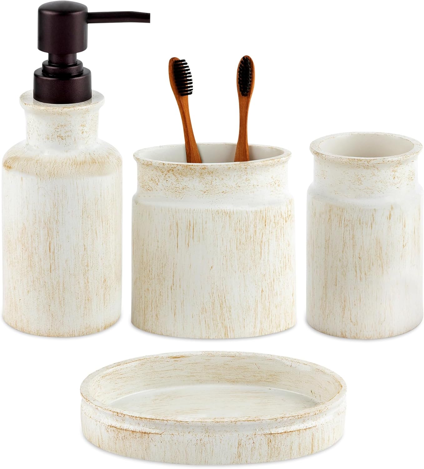 Creative Scents Rustic Luxe Bathroom Accessory Set Complete - 4 Piece Beige Bathroom Soap Dispenser Set has: Lotion Dispenser, Toothbrush Holder, Tumbler & Soap Dish; Modern Farmhouse Bathroom Decor