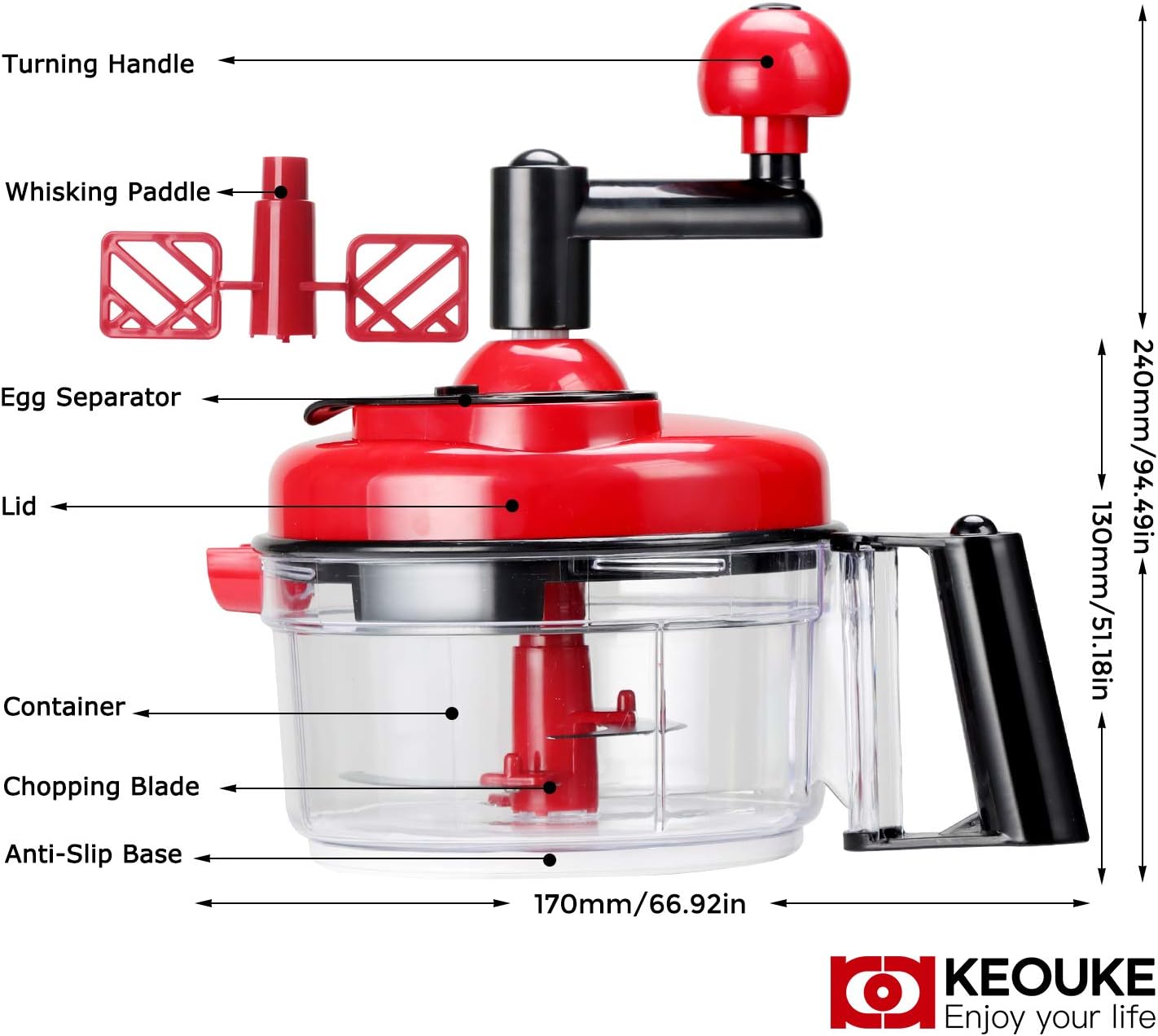 KEOUKE Hand Crank Food Chopper Red - Manual Food Processor with Egg Separator, Labor-Saving, Easy to Clean, Large Vegetable Mixer Blender for Onion, Garlic, Salad, Salsa, Nuts, Meat, Fruit, etc