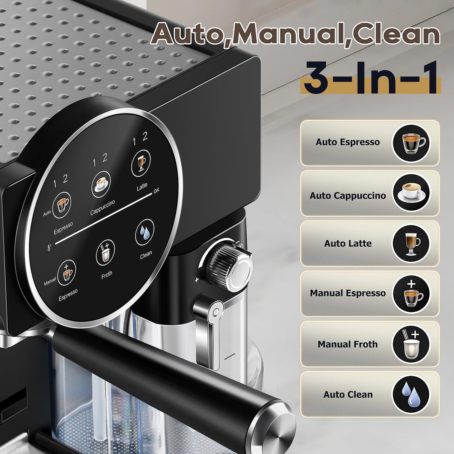 CUSIMAX Espresso Machine for Home, 20 Bar Expresso Coffee Machine,One-touch Control,Automatic Milk Frother,Compact Black Stainless Steel Cappuccino Machine,Ideal for Offices and Homes