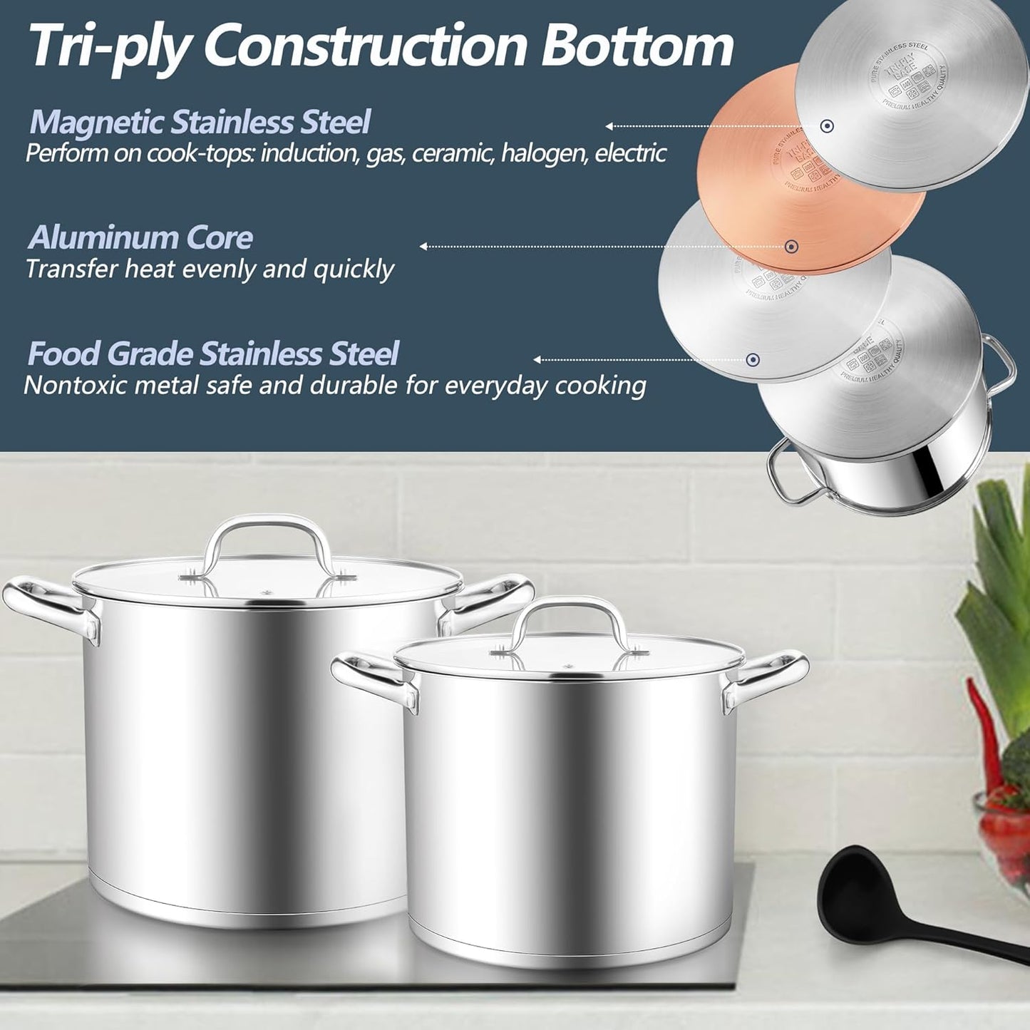 E-far 12 Quart Cooking Stock Pot, Large Stainless Steel Pot for Canning Simmering Stewing, Heavy Duty Cookware with Tri-ply Base for Induction Gas Stoves, Soup Pots with Glass Lid, Dishwasher Safe