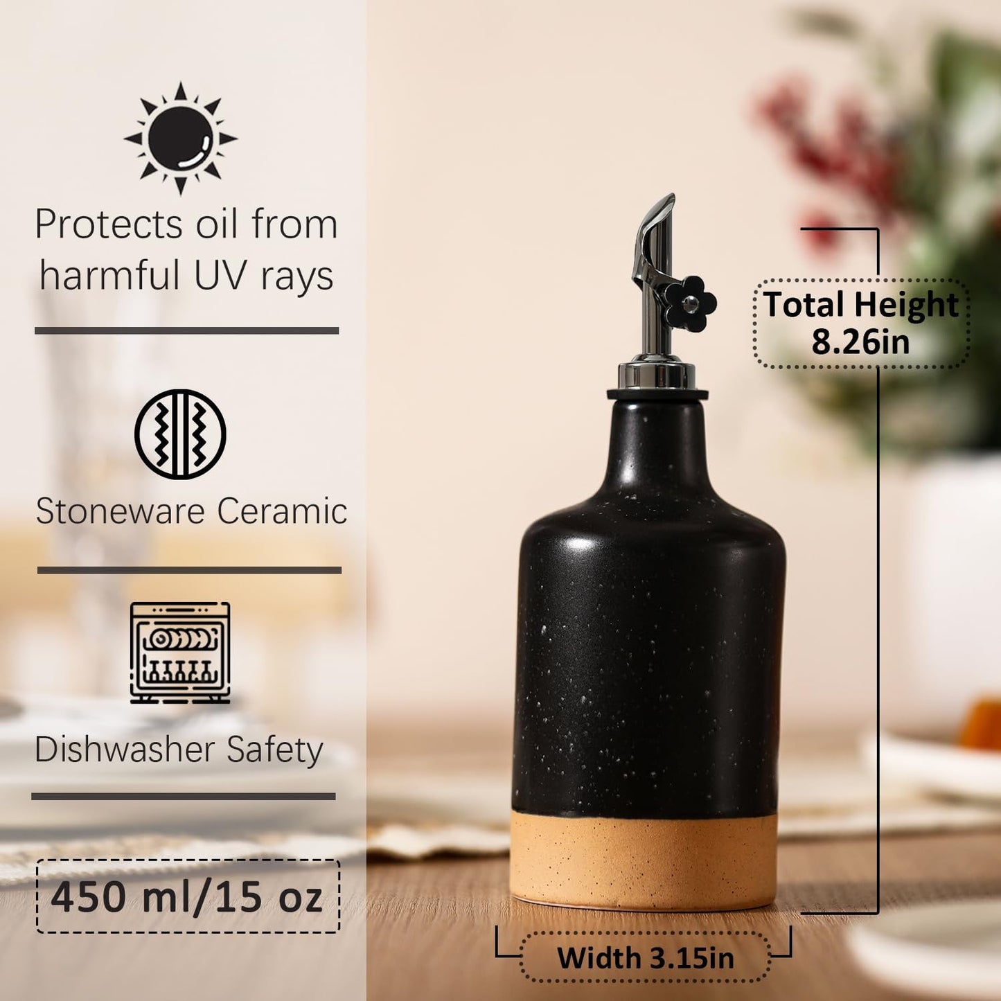 HOMCDALY Ceramic Olive Oil Dispenser Bottle, 16oz Oil Dispenser Bottle for Kitchen, Cooking Oil Dispenser, Kitchen Dispenser for Oil Vinegar Syrups(Black&Brown