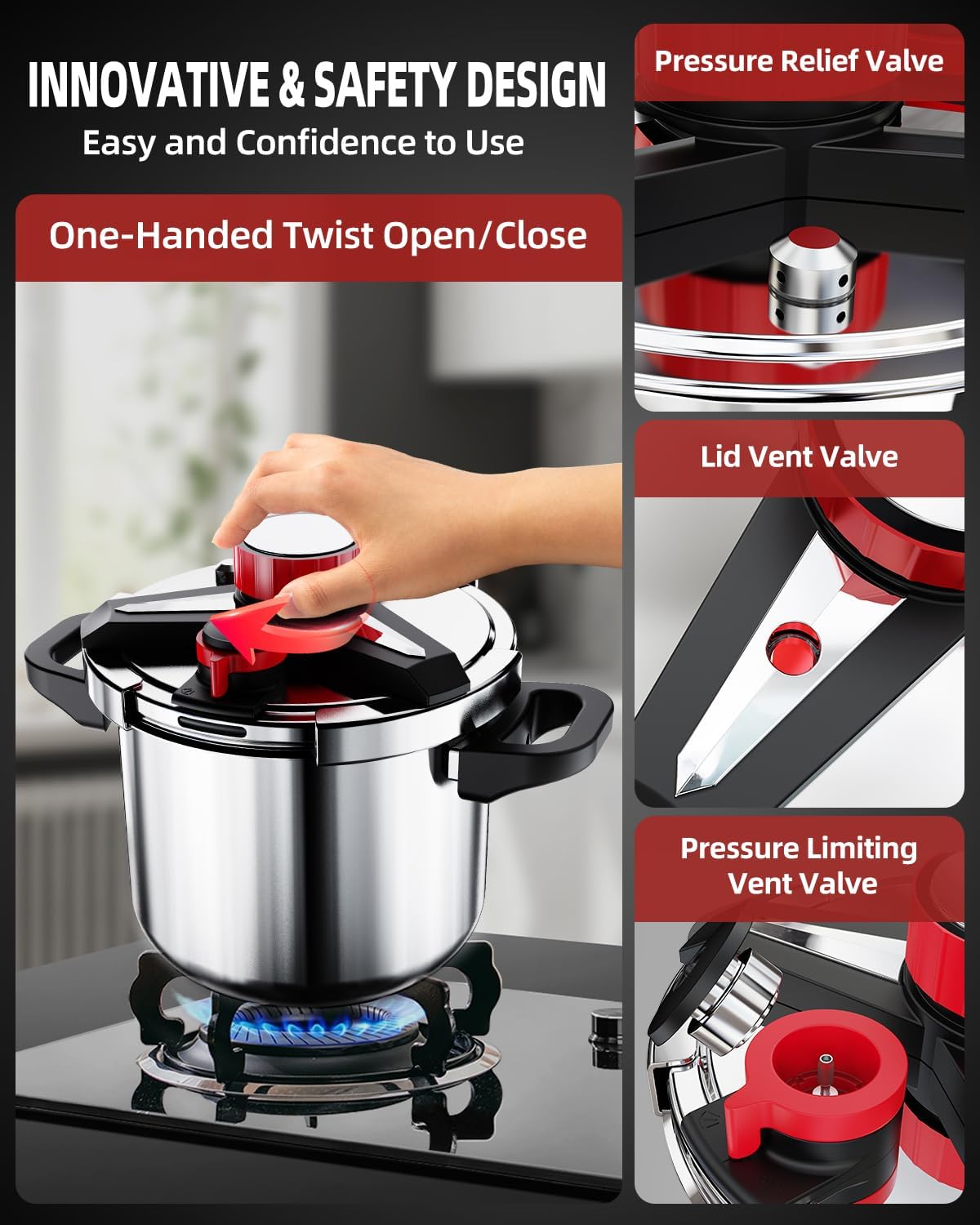 3-In-1 Stainless Steel Pressure Cooker 10 QT: [Save 70% Time] [3 PSI Settings], One-Hand Locking, Induction Compatible, Glass Lid & Steamer Rack Included, Olla de Presion